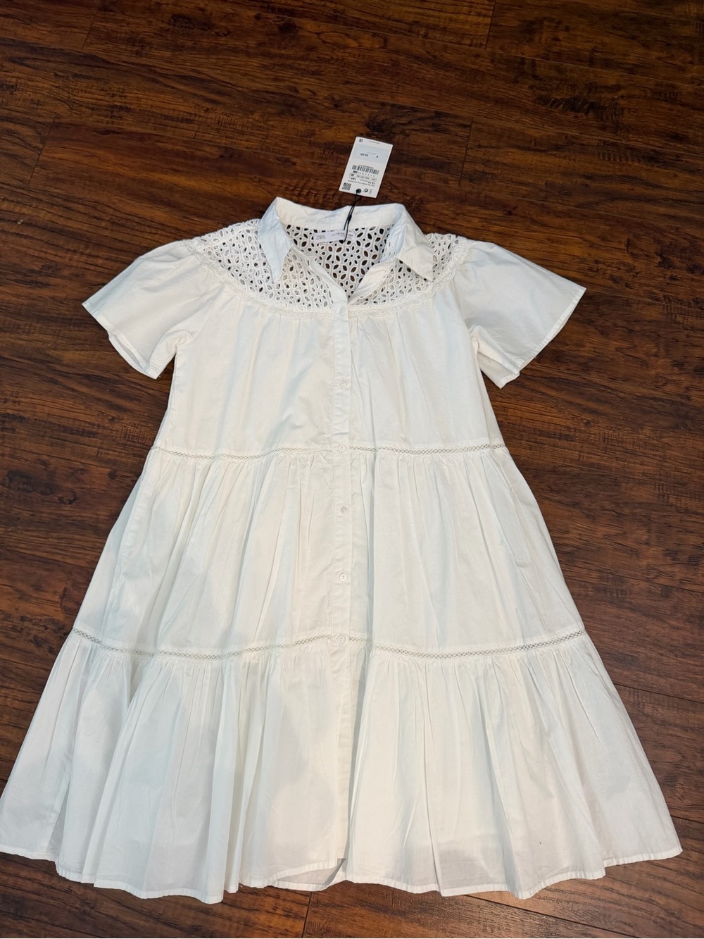 Zara White Eyelet Yoke Tiered Button-Front Dress